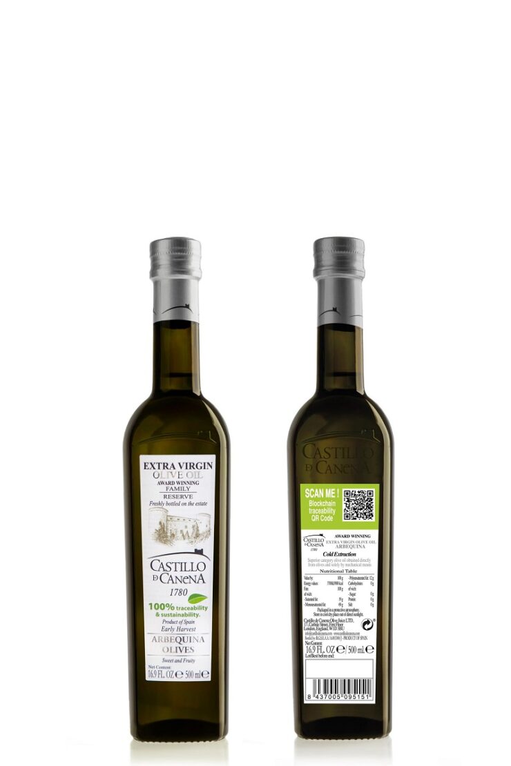 Telefónica Tech garantiza con Blockchain el origen y la autenticidad del aceite de Castillo de Canena 10 Foto Botella Castillo de Canena con QR
