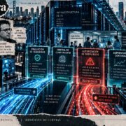Crea una ilustración editorial en formato panorámico 16:9 para un artículo periodístico sobre la gobernanza de la inteligencia artificial de frontera. La imagen debe mantener la misma identidad visual que el resto del especial: collage editorial contemporáneo, recortes periodísticos, textura de papel, impresión offset, semitono halftone, grano analógico y capas superpuestas, con un tono sofisticado, tenso y propio de una gran portada de suplemento dominical. La composición debe representar el intento de imponer controles, auditorías y límites verificables a una industria tecnológica que avanza con gran rapidez, mientras compite a escala global. En el centro, mostrar una gran infraestructura de inteligencia artificial: centros de datos, racks de servidores, chips avanzados, redes de conexiones, flujos de datos luminosos y arquitectura tecnológica crítica. Esa infraestructura debe avanzar hacia una serie de checkpoints o puntos de control digitales, concebidos como barreras regulatorias sofisticadas, no como muros físicos: capas de validación, interfaces de monitorización, paneles de auditoría, sellos de supervisión, nodos de verificación y umbrales de seguridad. Integrar visualmente la idea de evaluadores independientes dentro de los laboratorios, representados por siluetas humanas o figuras discretas observando sistemas, documentos técnicos, paneles de control y procesos de entrenamiento desde dentro de la propia infraestructura, como supervisores incrustados con acceso privilegiado. Introducir de forma clara pero elegante la dimensión geopolítica. A un lado, referencias visuales a Estados Unidos y Silicon Valley; al otro, referencias a China y su ecosistema tecnológico, evitando banderas grandes o clichés patrióticos. Utilizar mapas fragmentados, arquitectura, centros de datos, redes, circuitos y símbolos gráficos sutiles para transmitir competencia estratégica entre bloques. La escena debe sugerir una carrera contenida: grandes flujos de cómputo y datos que avanzan con velocidad, pero que se enfrentan a controles sucesivos. Uno de los flujos puede atravesar parcialmente una barrera mientras otro queda retenido, insinuando el problema de fondo: qué ocurre cuando un actor respeta los límites y otro sigue adelante. Integrar de manera secundaria, como recortes editoriales dentro del collage, a Dario Amodei, Sam Altman y Demis Hassabis, sin convertir la imagen en un mural de retratos. Amodei puede tener una presencia ligeramente mayor por ser el impulsor de la propuesta. El protagonismo debe recaer en la idea de supervisión, velocidad, competencia y verificación. Mantener la paleta visual uniforme del especial: azules fríos, azul acero, negros, grises grafito y blanco roto con textura de papel, con acentos rojos o ámbar en los puntos de control, alertas y zonas de tensión. Iluminación cinematográfica, alto contraste, ambiente frío, tecnológico e institucional. Evitar cerebros digitales, robots humanoides, candados gigantes, pedales de freno, semáforos o iconografía tecnológica genérica. No hacer una infografía ni un mapa político convencional. El resultado debe parecer una gran ilustración editorial panorámica sobre quién controla la frontera de la inteligencia artificial y cómo las reglas chocan con la competición global.
