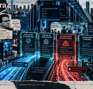 Crea una ilustración editorial en formato panorámico 16:9 para un artículo periodístico sobre la gobernanza de la inteligencia artificial de frontera. La imagen debe mantener la misma identidad visual que el resto del especial: collage editorial contemporáneo, recortes periodísticos, textura de papel, impresión offset, semitono halftone, grano analógico y capas superpuestas, con un tono sofisticado, tenso y propio de una gran portada de suplemento dominical. La composición debe representar el intento de imponer controles, auditorías y límites verificables a una industria tecnológica que avanza con gran rapidez, mientras compite a escala global. En el centro, mostrar una gran infraestructura de inteligencia artificial: centros de datos, racks de servidores, chips avanzados, redes de conexiones, flujos de datos luminosos y arquitectura tecnológica crítica. Esa infraestructura debe avanzar hacia una serie de checkpoints o puntos de control digitales, concebidos como barreras regulatorias sofisticadas, no como muros físicos: capas de validación, interfaces de monitorización, paneles de auditoría, sellos de supervisión, nodos de verificación y umbrales de seguridad. Integrar visualmente la idea de evaluadores independientes dentro de los laboratorios, representados por siluetas humanas o figuras discretas observando sistemas, documentos técnicos, paneles de control y procesos de entrenamiento desde dentro de la propia infraestructura, como supervisores incrustados con acceso privilegiado. Introducir de forma clara pero elegante la dimensión geopolítica. A un lado, referencias visuales a Estados Unidos y Silicon Valley; al otro, referencias a China y su ecosistema tecnológico, evitando banderas grandes o clichés patrióticos. Utilizar mapas fragmentados, arquitectura, centros de datos, redes, circuitos y símbolos gráficos sutiles para transmitir competencia estratégica entre bloques. La escena debe sugerir una carrera contenida: grandes flujos de cómputo y datos que avanzan con velocidad, pero que se enfrentan a controles sucesivos. Uno de los flujos puede atravesar parcialmente una barrera mientras otro queda retenido, insinuando el problema de fondo: qué ocurre cuando un actor respeta los límites y otro sigue adelante. Integrar de manera secundaria, como recortes editoriales dentro del collage, a Dario Amodei, Sam Altman y Demis Hassabis, sin convertir la imagen en un mural de retratos. Amodei puede tener una presencia ligeramente mayor por ser el impulsor de la propuesta. El protagonismo debe recaer en la idea de supervisión, velocidad, competencia y verificación. Mantener la paleta visual uniforme del especial: azules fríos, azul acero, negros, grises grafito y blanco roto con textura de papel, con acentos rojos o ámbar en los puntos de control, alertas y zonas de tensión. Iluminación cinematográfica, alto contraste, ambiente frío, tecnológico e institucional. Evitar cerebros digitales, robots humanoides, candados gigantes, pedales de freno, semáforos o iconografía tecnológica genérica. No hacer una infografía ni un mapa político convencional. El resultado debe parecer una gran ilustración editorial panorámica sobre quién controla la frontera de la inteligencia artificial y cómo las reglas chocan con la competición global.