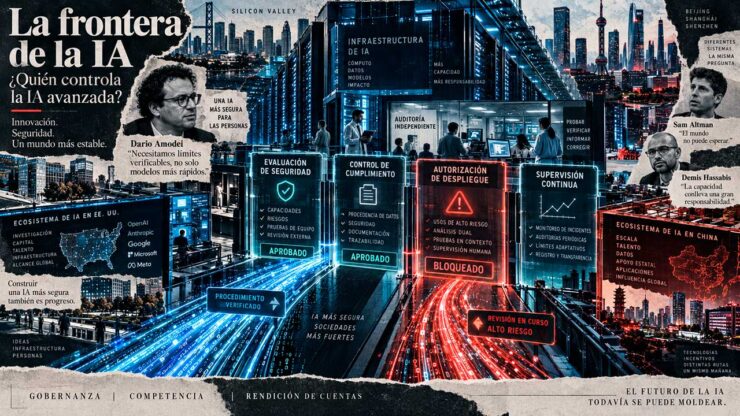 Crea una ilustración editorial en formato panorámico 16:9 para un artículo periodístico sobre la gobernanza de la inteligencia artificial de frontera. La imagen debe mantener la misma identidad visual que el resto del especial: collage editorial contemporáneo, recortes periodísticos, textura de papel, impresión offset, semitono halftone, grano analógico y capas superpuestas, con un tono sofisticado, tenso y propio de una gran portada de suplemento dominical. La composición debe representar el intento de imponer controles, auditorías y límites verificables a una industria tecnológica que avanza con gran rapidez, mientras compite a escala global. En el centro, mostrar una gran infraestructura de inteligencia artificial: centros de datos, racks de servidores, chips avanzados, redes de conexiones, flujos de datos luminosos y arquitectura tecnológica crítica. Esa infraestructura debe avanzar hacia una serie de checkpoints o puntos de control digitales, concebidos como barreras regulatorias sofisticadas, no como muros físicos: capas de validación, interfaces de monitorización, paneles de auditoría, sellos de supervisión, nodos de verificación y umbrales de seguridad. Integrar visualmente la idea de evaluadores independientes dentro de los laboratorios, representados por siluetas humanas o figuras discretas observando sistemas, documentos técnicos, paneles de control y procesos de entrenamiento desde dentro de la propia infraestructura, como supervisores incrustados con acceso privilegiado. Introducir de forma clara pero elegante la dimensión geopolítica. A un lado, referencias visuales a Estados Unidos y Silicon Valley; al otro, referencias a China y su ecosistema tecnológico, evitando banderas grandes o clichés patrióticos. Utilizar mapas fragmentados, arquitectura, centros de datos, redes, circuitos y símbolos gráficos sutiles para transmitir competencia estratégica entre bloques. La escena debe sugerir una carrera contenida: grandes flujos de cómputo y datos que avanzan con velocidad, pero que se enfrentan a controles sucesivos. Uno de los flujos puede atravesar parcialmente una barrera mientras otro queda retenido, insinuando el problema de fondo: qué ocurre cuando un actor respeta los límites y otro sigue adelante. Integrar de manera secundaria, como recortes editoriales dentro del collage, a Dario Amodei, Sam Altman y Demis Hassabis, sin convertir la imagen en un mural de retratos. Amodei puede tener una presencia ligeramente mayor por ser el impulsor de la propuesta. El protagonismo debe recaer en la idea de supervisión, velocidad, competencia y verificación. Mantener la paleta visual uniforme del especial: azules fríos, azul acero, negros, grises grafito y blanco roto con textura de papel, con acentos rojos o ámbar en los puntos de control, alertas y zonas de tensión. Iluminación cinematográfica, alto contraste, ambiente frío, tecnológico e institucional. Evitar cerebros digitales, robots humanoides, candados gigantes, pedales de freno, semáforos o iconografía tecnológica genérica. No hacer una infografía ni un mapa político convencional. El resultado debe parecer una gran ilustración editorial panorámica sobre quién controla la frontera de la inteligencia artificial y cómo las reglas chocan con la competición global.