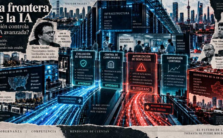 Crea una ilustración editorial en formato panorámico 16:9 para un artículo periodístico sobre la gobernanza de la inteligencia artificial de frontera. La imagen debe mantener la misma identidad visual que el resto del especial: collage editorial contemporáneo, recortes periodísticos, textura de papel, impresión offset, semitono halftone, grano analógico y capas superpuestas, con un tono sofisticado, tenso y propio de una gran portada de suplemento dominical. La composición debe representar el intento de imponer controles, auditorías y límites verificables a una industria tecnológica que avanza con gran rapidez, mientras compite a escala global. En el centro, mostrar una gran infraestructura de inteligencia artificial: centros de datos, racks de servidores, chips avanzados, redes de conexiones, flujos de datos luminosos y arquitectura tecnológica crítica. Esa infraestructura debe avanzar hacia una serie de checkpoints o puntos de control digitales, concebidos como barreras regulatorias sofisticadas, no como muros físicos: capas de validación, interfaces de monitorización, paneles de auditoría, sellos de supervisión, nodos de verificación y umbrales de seguridad. Integrar visualmente la idea de evaluadores independientes dentro de los laboratorios, representados por siluetas humanas o figuras discretas observando sistemas, documentos técnicos, paneles de control y procesos de entrenamiento desde dentro de la propia infraestructura, como supervisores incrustados con acceso privilegiado. Introducir de forma clara pero elegante la dimensión geopolítica. A un lado, referencias visuales a Estados Unidos y Silicon Valley; al otro, referencias a China y su ecosistema tecnológico, evitando banderas grandes o clichés patrióticos. Utilizar mapas fragmentados, arquitectura, centros de datos, redes, circuitos y símbolos gráficos sutiles para transmitir competencia estratégica entre bloques. La escena debe sugerir una carrera contenida: grandes flujos de cómputo y datos que avanzan con velocidad, pero que se enfrentan a controles sucesivos. Uno de los flujos puede atravesar parcialmente una barrera mientras otro queda retenido, insinuando el problema de fondo: qué ocurre cuando un actor respeta los límites y otro sigue adelante. Integrar de manera secundaria, como recortes editoriales dentro del collage, a Dario Amodei, Sam Altman y Demis Hassabis, sin convertir la imagen en un mural de retratos. Amodei puede tener una presencia ligeramente mayor por ser el impulsor de la propuesta. El protagonismo debe recaer en la idea de supervisión, velocidad, competencia y verificación. Mantener la paleta visual uniforme del especial: azules fríos, azul acero, negros, grises grafito y blanco roto con textura de papel, con acentos rojos o ámbar en los puntos de control, alertas y zonas de tensión. Iluminación cinematográfica, alto contraste, ambiente frío, tecnológico e institucional. Evitar cerebros digitales, robots humanoides, candados gigantes, pedales de freno, semáforos o iconografía tecnológica genérica. No hacer una infografía ni un mapa político convencional. El resultado debe parecer una gran ilustración editorial panorámica sobre quién controla la frontera de la inteligencia artificial y cómo las reglas chocan con la competición global.