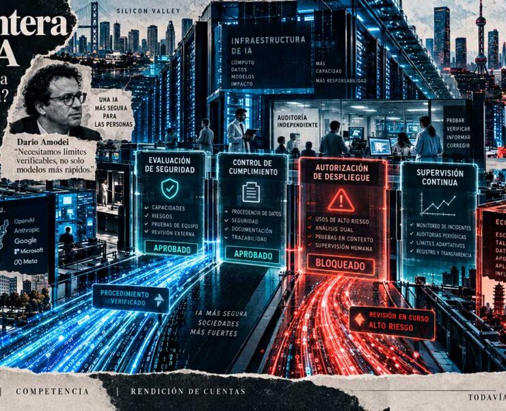 Crea una ilustración editorial en formato panorámico 16:9 para un artículo periodístico sobre la gobernanza de la inteligencia artificial de frontera. La imagen debe mantener la misma identidad visual que el resto del especial: collage editorial contemporáneo, recortes periodísticos, textura de papel, impresión offset, semitono halftone, grano analógico y capas superpuestas, con un tono sofisticado, tenso y propio de una gran portada de suplemento dominical. La composición debe representar el intento de imponer controles, auditorías y límites verificables a una industria tecnológica que avanza con gran rapidez, mientras compite a escala global. En el centro, mostrar una gran infraestructura de inteligencia artificial: centros de datos, racks de servidores, chips avanzados, redes de conexiones, flujos de datos luminosos y arquitectura tecnológica crítica. Esa infraestructura debe avanzar hacia una serie de checkpoints o puntos de control digitales, concebidos como barreras regulatorias sofisticadas, no como muros físicos: capas de validación, interfaces de monitorización, paneles de auditoría, sellos de supervisión, nodos de verificación y umbrales de seguridad. Integrar visualmente la idea de evaluadores independientes dentro de los laboratorios, representados por siluetas humanas o figuras discretas observando sistemas, documentos técnicos, paneles de control y procesos de entrenamiento desde dentro de la propia infraestructura, como supervisores incrustados con acceso privilegiado. Introducir de forma clara pero elegante la dimensión geopolítica. A un lado, referencias visuales a Estados Unidos y Silicon Valley; al otro, referencias a China y su ecosistema tecnológico, evitando banderas grandes o clichés patrióticos. Utilizar mapas fragmentados, arquitectura, centros de datos, redes, circuitos y símbolos gráficos sutiles para transmitir competencia estratégica entre bloques. La escena debe sugerir una carrera contenida: grandes flujos de cómputo y datos que avanzan con velocidad, pero que se enfrentan a controles sucesivos. Uno de los flujos puede atravesar parcialmente una barrera mientras otro queda retenido, insinuando el problema de fondo: qué ocurre cuando un actor respeta los límites y otro sigue adelante. Integrar de manera secundaria, como recortes editoriales dentro del collage, a Dario Amodei, Sam Altman y Demis Hassabis, sin convertir la imagen en un mural de retratos. Amodei puede tener una presencia ligeramente mayor por ser el impulsor de la propuesta. El protagonismo debe recaer en la idea de supervisión, velocidad, competencia y verificación. Mantener la paleta visual uniforme del especial: azules fríos, azul acero, negros, grises grafito y blanco roto con textura de papel, con acentos rojos o ámbar en los puntos de control, alertas y zonas de tensión. Iluminación cinematográfica, alto contraste, ambiente frío, tecnológico e institucional. Evitar cerebros digitales, robots humanoides, candados gigantes, pedales de freno, semáforos o iconografía tecnológica genérica. No hacer una infografía ni un mapa político convencional. El resultado debe parecer una gran ilustración editorial panorámica sobre quién controla la frontera de la inteligencia artificial y cómo las reglas chocan con la competición global.