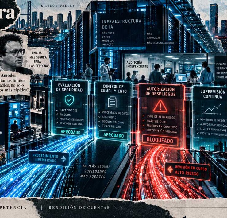 Crea una ilustración editorial en formato panorámico 16:9 para un artículo periodístico sobre la gobernanza de la inteligencia artificial de frontera. La imagen debe mantener la misma identidad visual que el resto del especial: collage editorial contemporáneo, recortes periodísticos, textura de papel, impresión offset, semitono halftone, grano analógico y capas superpuestas, con un tono sofisticado, tenso y propio de una gran portada de suplemento dominical. La composición debe representar el intento de imponer controles, auditorías y límites verificables a una industria tecnológica que avanza con gran rapidez, mientras compite a escala global. En el centro, mostrar una gran infraestructura de inteligencia artificial: centros de datos, racks de servidores, chips avanzados, redes de conexiones, flujos de datos luminosos y arquitectura tecnológica crítica. Esa infraestructura debe avanzar hacia una serie de checkpoints o puntos de control digitales, concebidos como barreras regulatorias sofisticadas, no como muros físicos: capas de validación, interfaces de monitorización, paneles de auditoría, sellos de supervisión, nodos de verificación y umbrales de seguridad. Integrar visualmente la idea de evaluadores independientes dentro de los laboratorios, representados por siluetas humanas o figuras discretas observando sistemas, documentos técnicos, paneles de control y procesos de entrenamiento desde dentro de la propia infraestructura, como supervisores incrustados con acceso privilegiado. Introducir de forma clara pero elegante la dimensión geopolítica. A un lado, referencias visuales a Estados Unidos y Silicon Valley; al otro, referencias a China y su ecosistema tecnológico, evitando banderas grandes o clichés patrióticos. Utilizar mapas fragmentados, arquitectura, centros de datos, redes, circuitos y símbolos gráficos sutiles para transmitir competencia estratégica entre bloques. La escena debe sugerir una carrera contenida: grandes flujos de cómputo y datos que avanzan con velocidad, pero que se enfrentan a controles sucesivos. Uno de los flujos puede atravesar parcialmente una barrera mientras otro queda retenido, insinuando el problema de fondo: qué ocurre cuando un actor respeta los límites y otro sigue adelante. Integrar de manera secundaria, como recortes editoriales dentro del collage, a Dario Amodei, Sam Altman y Demis Hassabis, sin convertir la imagen en un mural de retratos. Amodei puede tener una presencia ligeramente mayor por ser el impulsor de la propuesta. El protagonismo debe recaer en la idea de supervisión, velocidad, competencia y verificación. Mantener la paleta visual uniforme del especial: azules fríos, azul acero, negros, grises grafito y blanco roto con textura de papel, con acentos rojos o ámbar en los puntos de control, alertas y zonas de tensión. Iluminación cinematográfica, alto contraste, ambiente frío, tecnológico e institucional. Evitar cerebros digitales, robots humanoides, candados gigantes, pedales de freno, semáforos o iconografía tecnológica genérica. No hacer una infografía ni un mapa político convencional. El resultado debe parecer una gran ilustración editorial panorámica sobre quién controla la frontera de la inteligencia artificial y cómo las reglas chocan con la competición global.