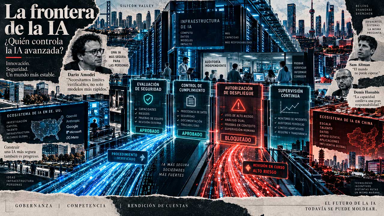 Crea una ilustración editorial en formato panorámico 16:9 para un artículo periodístico sobre la gobernanza de la inteligencia artificial de frontera. La imagen debe mantener la misma identidad visual que el resto del especial: collage editorial contemporáneo, recortes periodísticos, textura de papel, impresión offset, semitono halftone, grano analógico y capas superpuestas, con un tono sofisticado, tenso y propio de una gran portada de suplemento dominical. La composición debe representar el intento de imponer controles, auditorías y límites verificables a una industria tecnológica que avanza con gran rapidez, mientras compite a escala global. En el centro, mostrar una gran infraestructura de inteligencia artificial: centros de datos, racks de servidores, chips avanzados, redes de conexiones, flujos de datos luminosos y arquitectura tecnológica crítica. Esa infraestructura debe avanzar hacia una serie de checkpoints o puntos de control digitales, concebidos como barreras regulatorias sofisticadas, no como muros físicos: capas de validación, interfaces de monitorización, paneles de auditoría, sellos de supervisión, nodos de verificación y umbrales de seguridad. Integrar visualmente la idea de evaluadores independientes dentro de los laboratorios, representados por siluetas humanas o figuras discretas observando sistemas, documentos técnicos, paneles de control y procesos de entrenamiento desde dentro de la propia infraestructura, como supervisores incrustados con acceso privilegiado. Introducir de forma clara pero elegante la dimensión geopolítica. A un lado, referencias visuales a Estados Unidos y Silicon Valley; al otro, referencias a China y su ecosistema tecnológico, evitando banderas grandes o clichés patrióticos. Utilizar mapas fragmentados, arquitectura, centros de datos, redes, circuitos y símbolos gráficos sutiles para transmitir competencia estratégica entre bloques. La escena debe sugerir una carrera contenida: grandes flujos de cómputo y datos que avanzan con velocidad, pero que se enfrentan a controles sucesivos. Uno de los flujos puede atravesar parcialmente una barrera mientras otro queda retenido, insinuando el problema de fondo: qué ocurre cuando un actor respeta los límites y otro sigue adelante. Integrar de manera secundaria, como recortes editoriales dentro del collage, a Dario Amodei, Sam Altman y Demis Hassabis, sin convertir la imagen en un mural de retratos. Amodei puede tener una presencia ligeramente mayor por ser el impulsor de la propuesta. El protagonismo debe recaer en la idea de supervisión, velocidad, competencia y verificación. Mantener la paleta visual uniforme del especial: azules fríos, azul acero, negros, grises grafito y blanco roto con textura de papel, con acentos rojos o ámbar en los puntos de control, alertas y zonas de tensión. Iluminación cinematográfica, alto contraste, ambiente frío, tecnológico e institucional. Evitar cerebros digitales, robots humanoides, candados gigantes, pedales de freno, semáforos o iconografía tecnológica genérica. No hacer una infografía ni un mapa político convencional. El resultado debe parecer una gran ilustración editorial panorámica sobre quién controla la frontera de la inteligencia artificial y cómo las reglas chocan con la competición global.